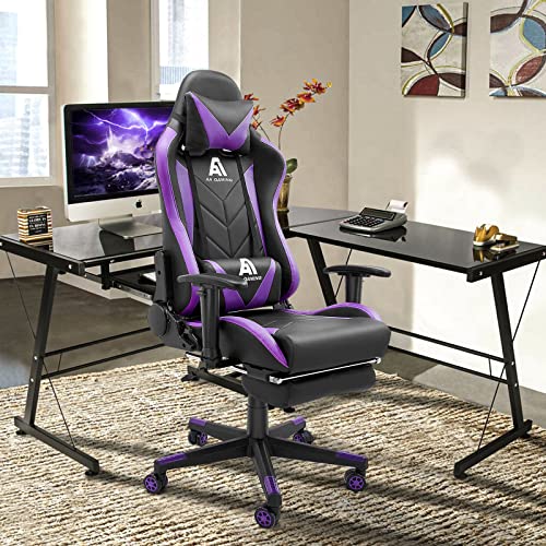 Ergonomic High-Back Gaming Chair with Adjustable Footrest - Black/Purple