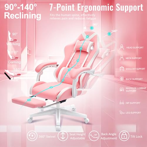 Premium Pink Ergonomic Gaming Chair with Footrest and Lumbar Support