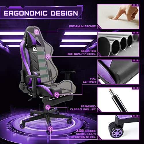 Ergonomic High-Back Gaming Chair with Adjustable Footrest - Black/Purple