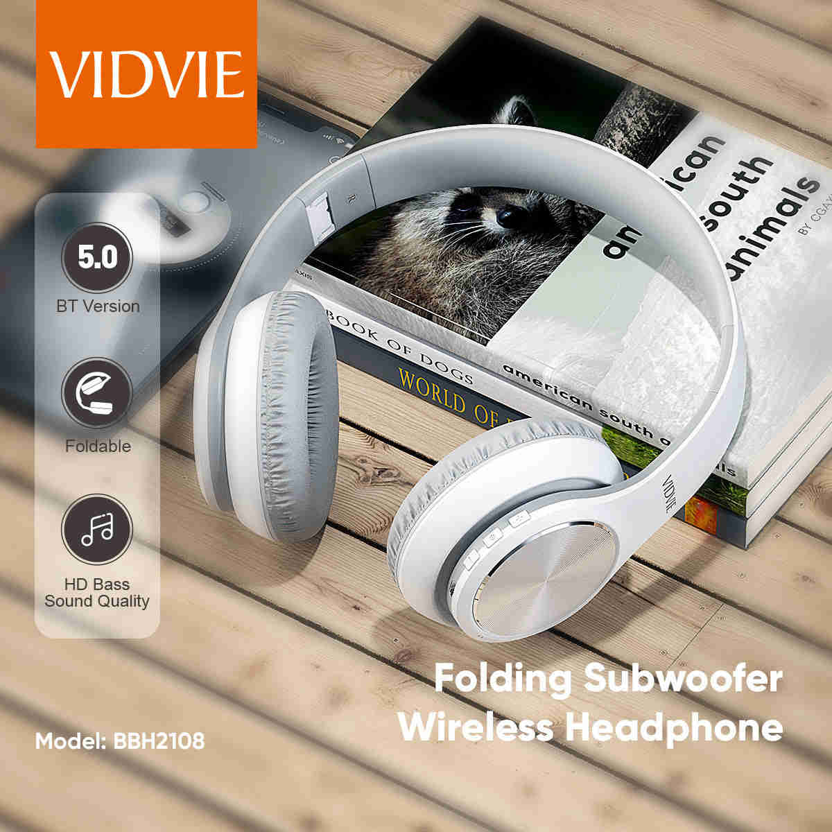 Wireless Bluetooth 5.0 Over-Ear Headphones with Deep Bass - White