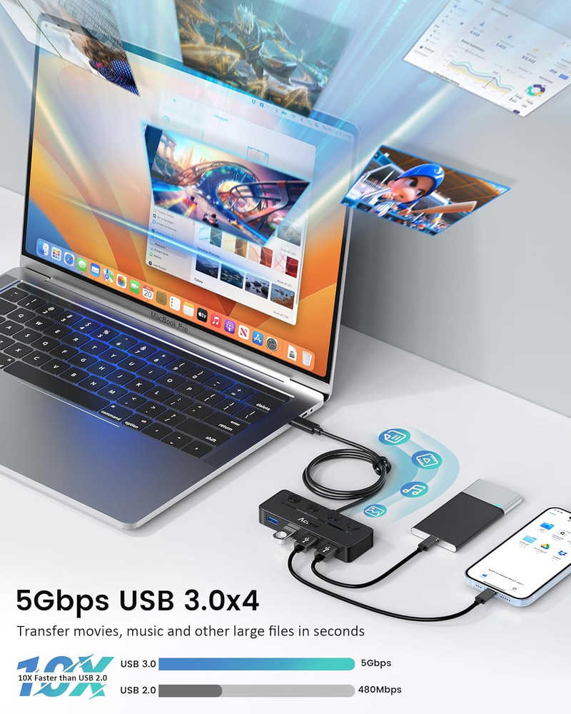 Aceele USB C Hub - 4-Port USB 3.0 Adapter for Enhanced Connectivity