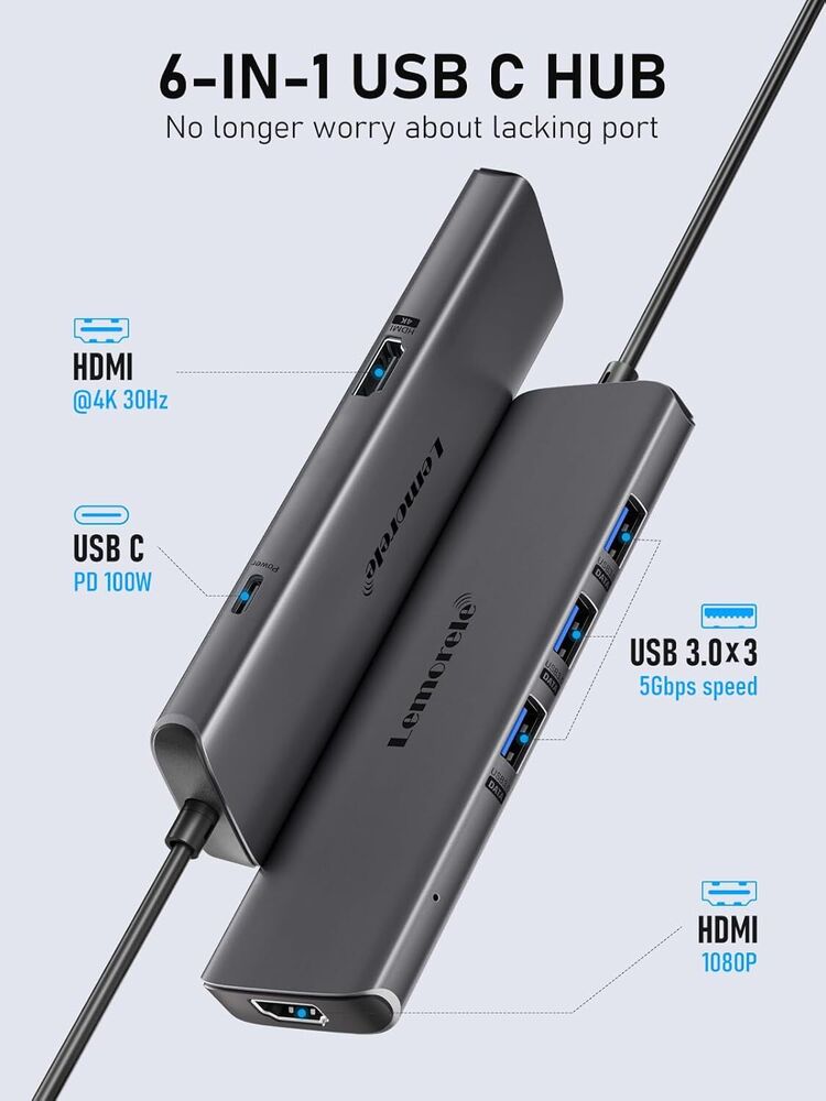6-in-1 USB-C Hub Adapter with Enhanced Connectivity for MacBook Pro/Air & iPhone