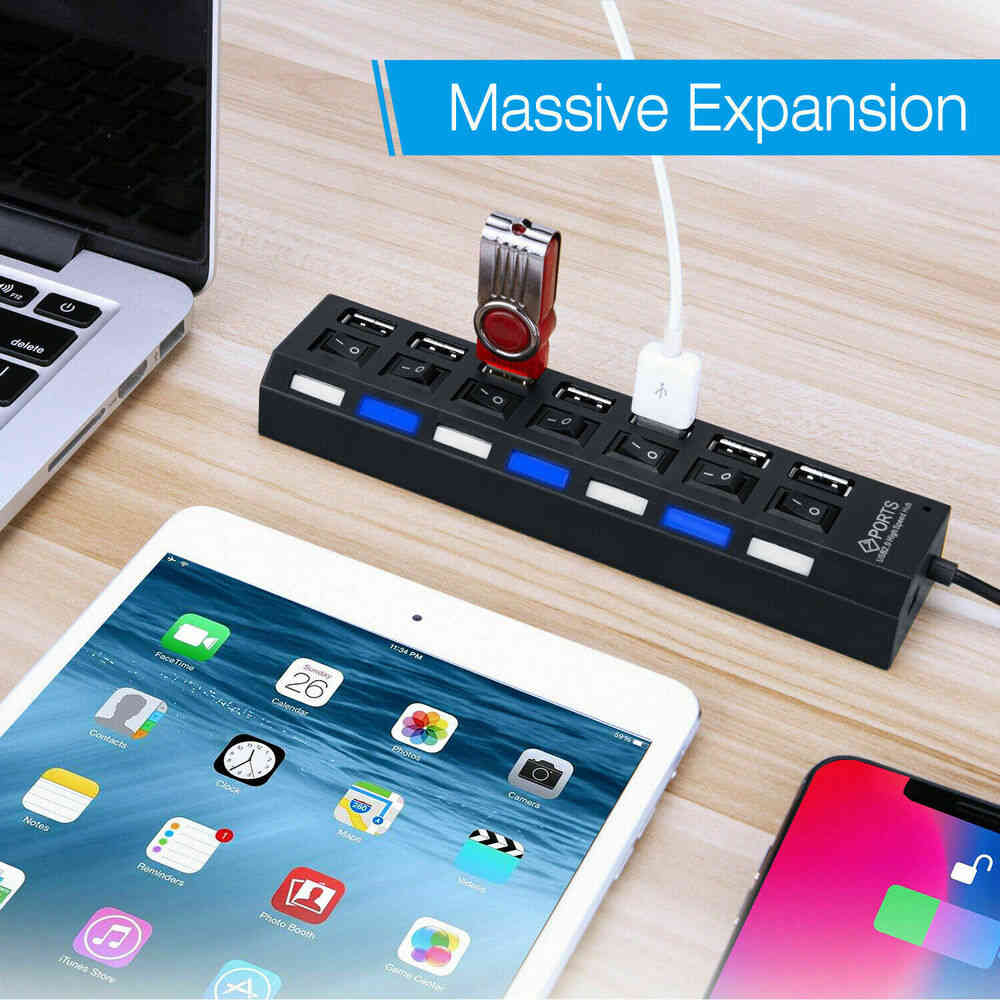 7-Port USB 2.0 LED Hub - High-Speed Data Transfer and Splitter