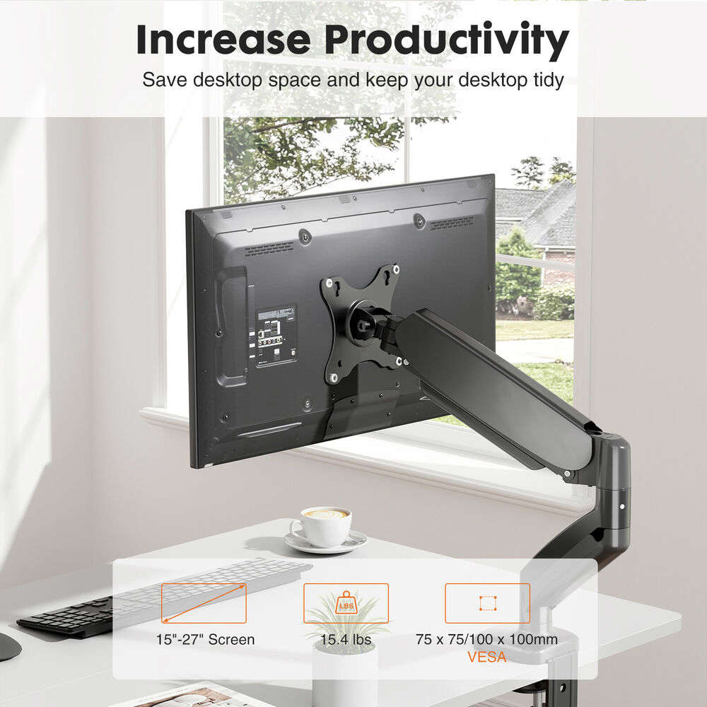 Ergonomic Gas Spring Single Monitor Stand with VESA Mount