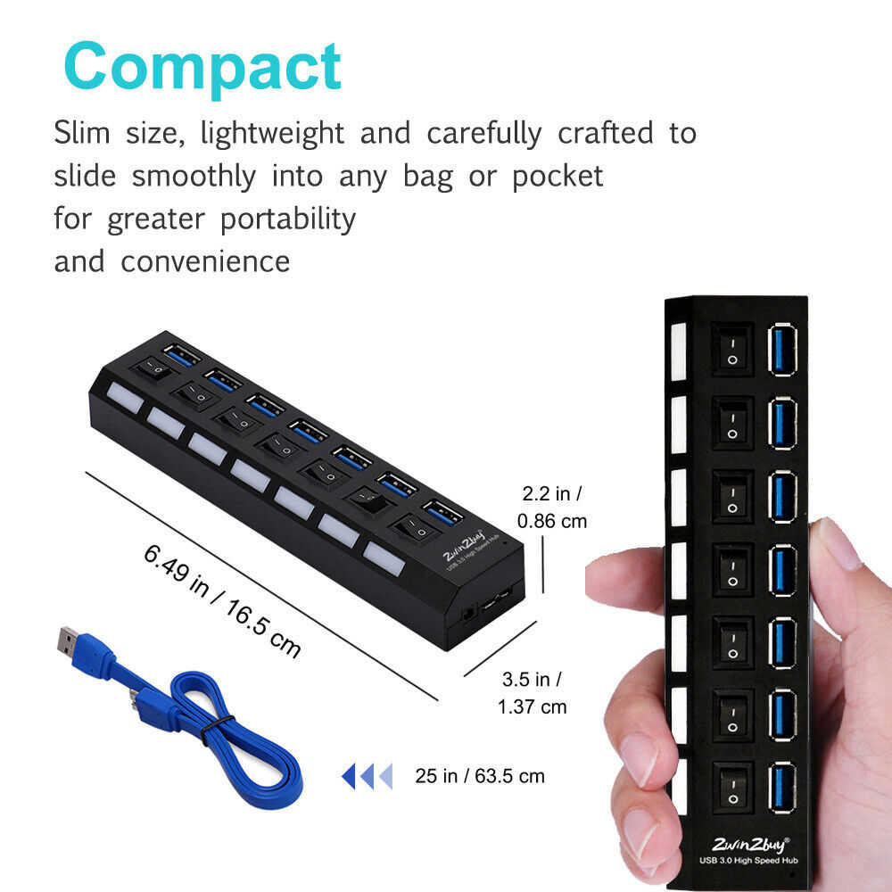 7-Port USB 3.0 Powered Hub with AC Adapter and ON/OFF Switch