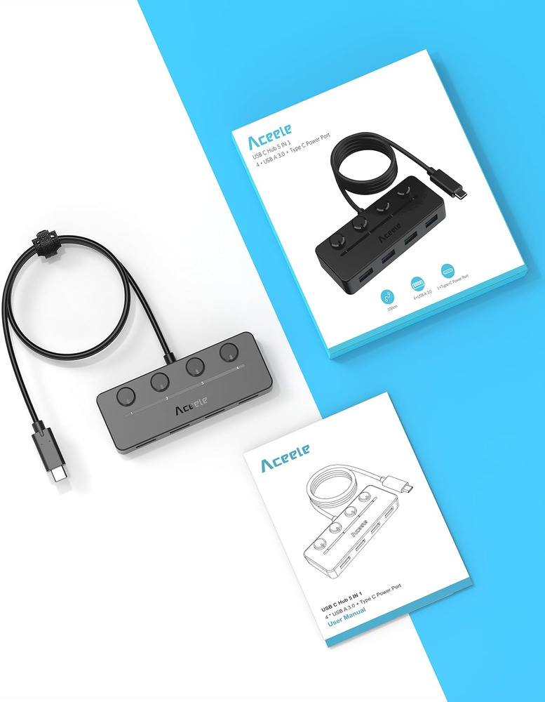 Aceele USB C Hub - 4-Port USB 3.0 Adapter for Enhanced Connectivity
