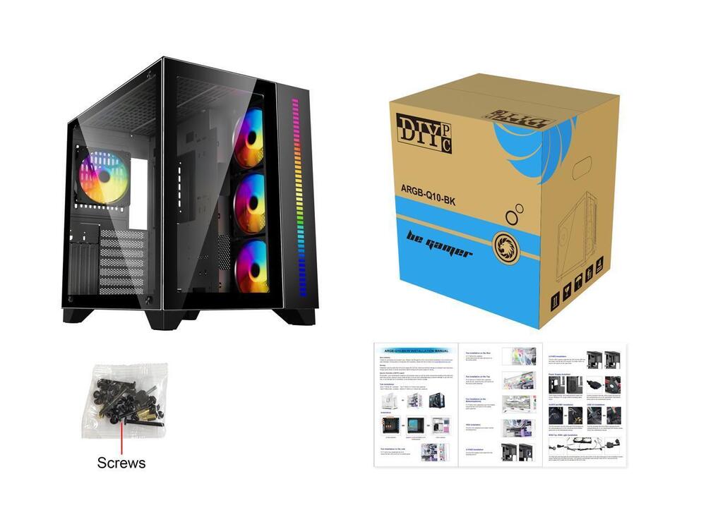 DIYPC ARGB-Q10-BK Gaming Computer Case with Dual Tempered Glass
