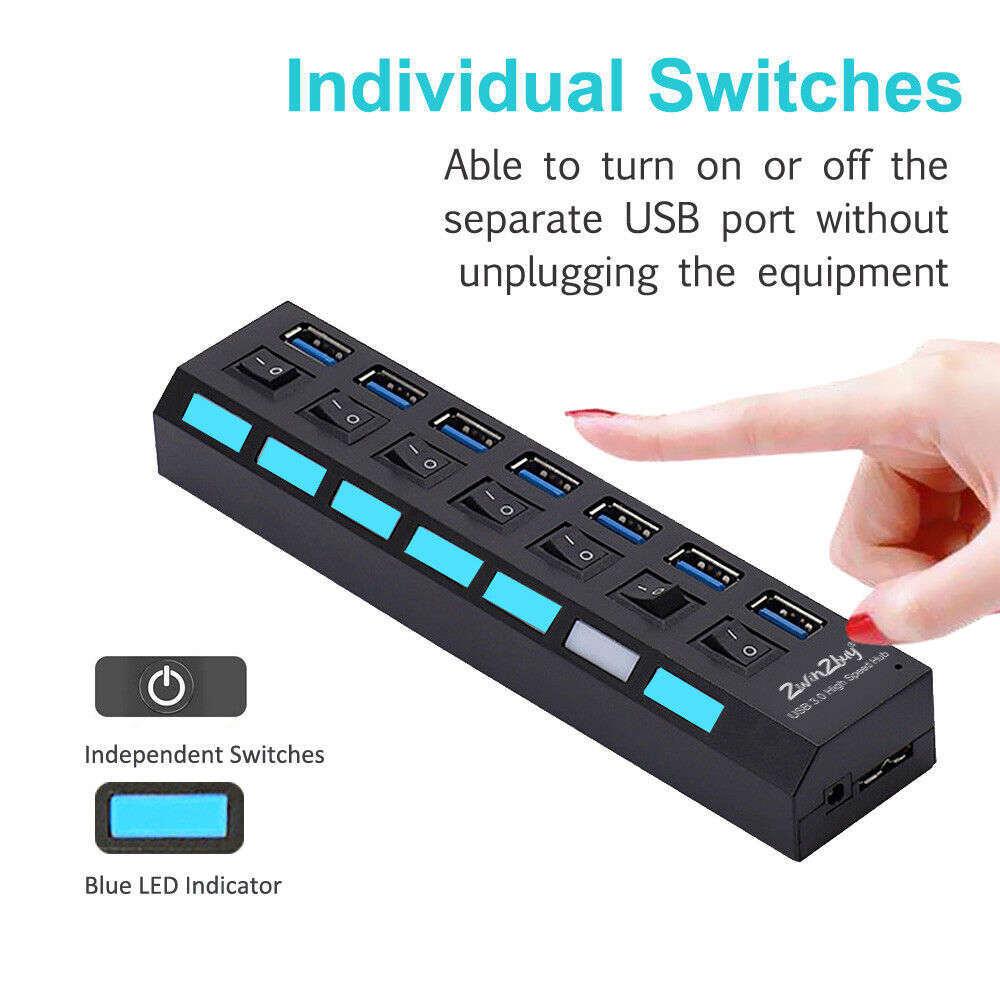 7-Port USB 3.0 Powered Hub with AC Adapter and ON/OFF Switch