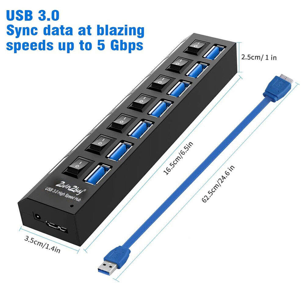 7-Port USB 3.0 Hub with Individual Switches and AC Power