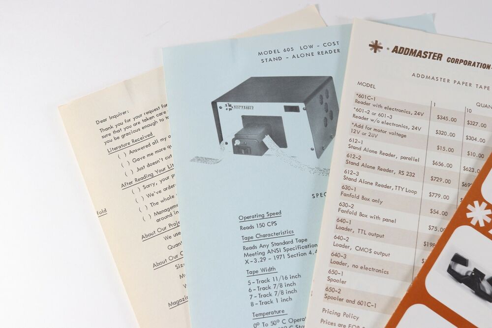 1978 Addmaster Vintage Peripheral Printers & Paper Sales Brochure Catalog