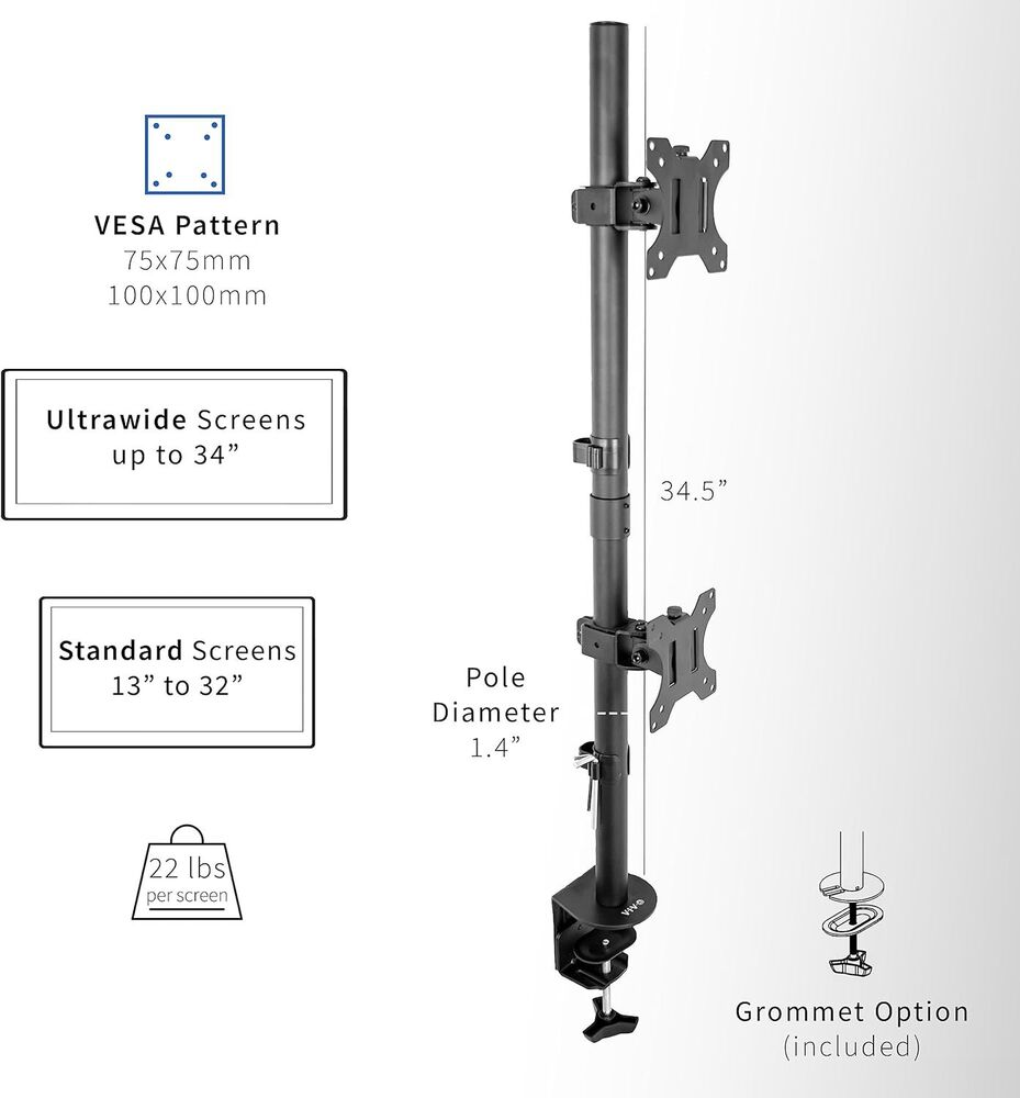 Black Dual LCD Monitor Desk Mount Stand - Vertical Stacking for Enhanced Workspace Efficiency