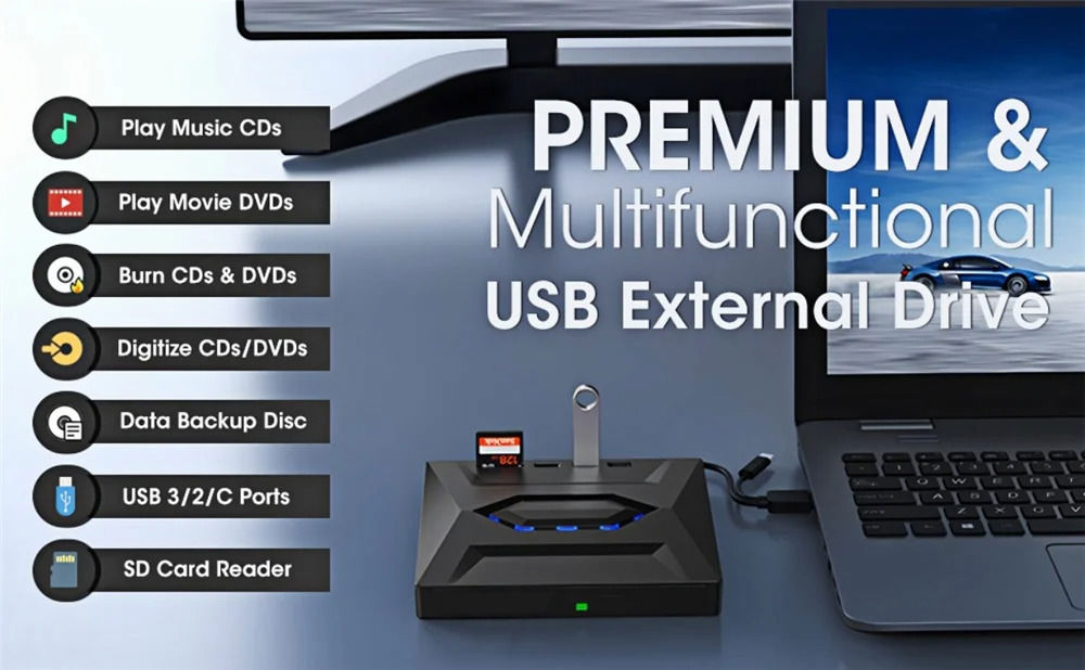 Ultra-Fast USB 3.0 External CD/DVD Drive for Enhanced Multimedia