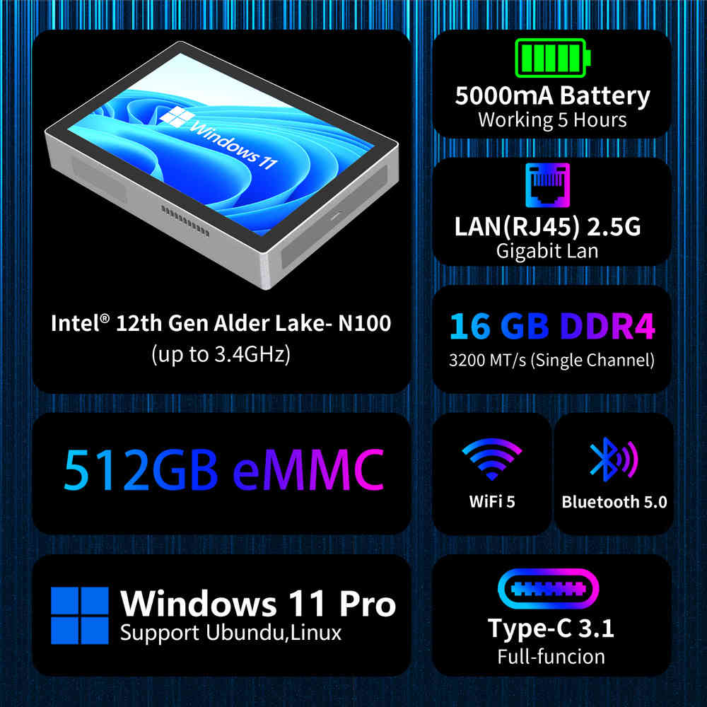 Portable Windows Tablet Mini PC with Intel N100, 7" Touch Screen