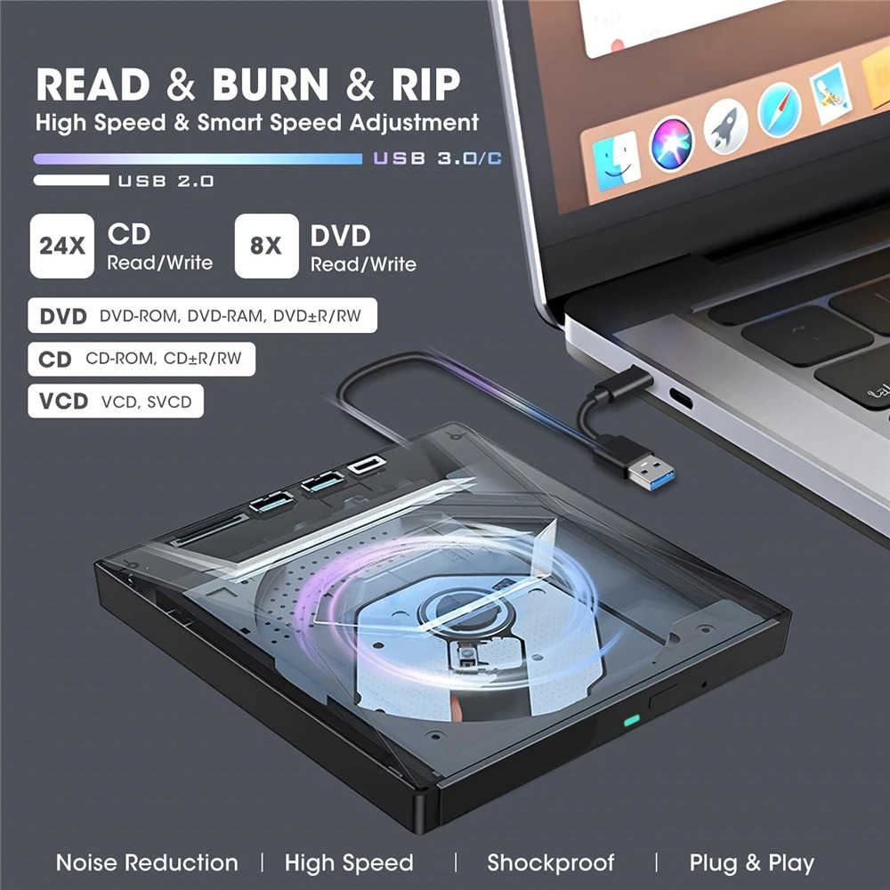 Ultra-Fast USB 3.0 External CD/DVD Drive for Enhanced Multimedia