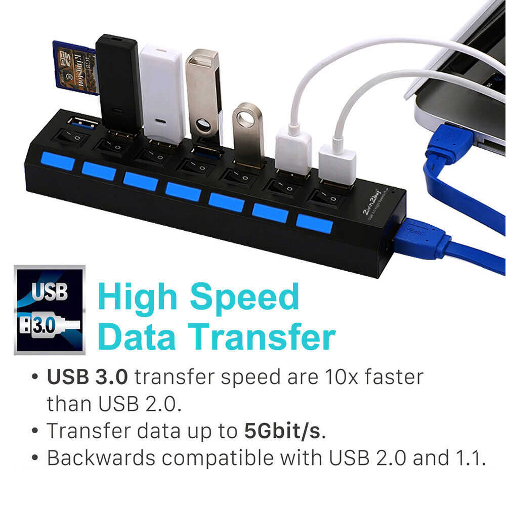 7-Port USB 3.0 Powered Hub with AC Adapter and ON/OFF Switch
