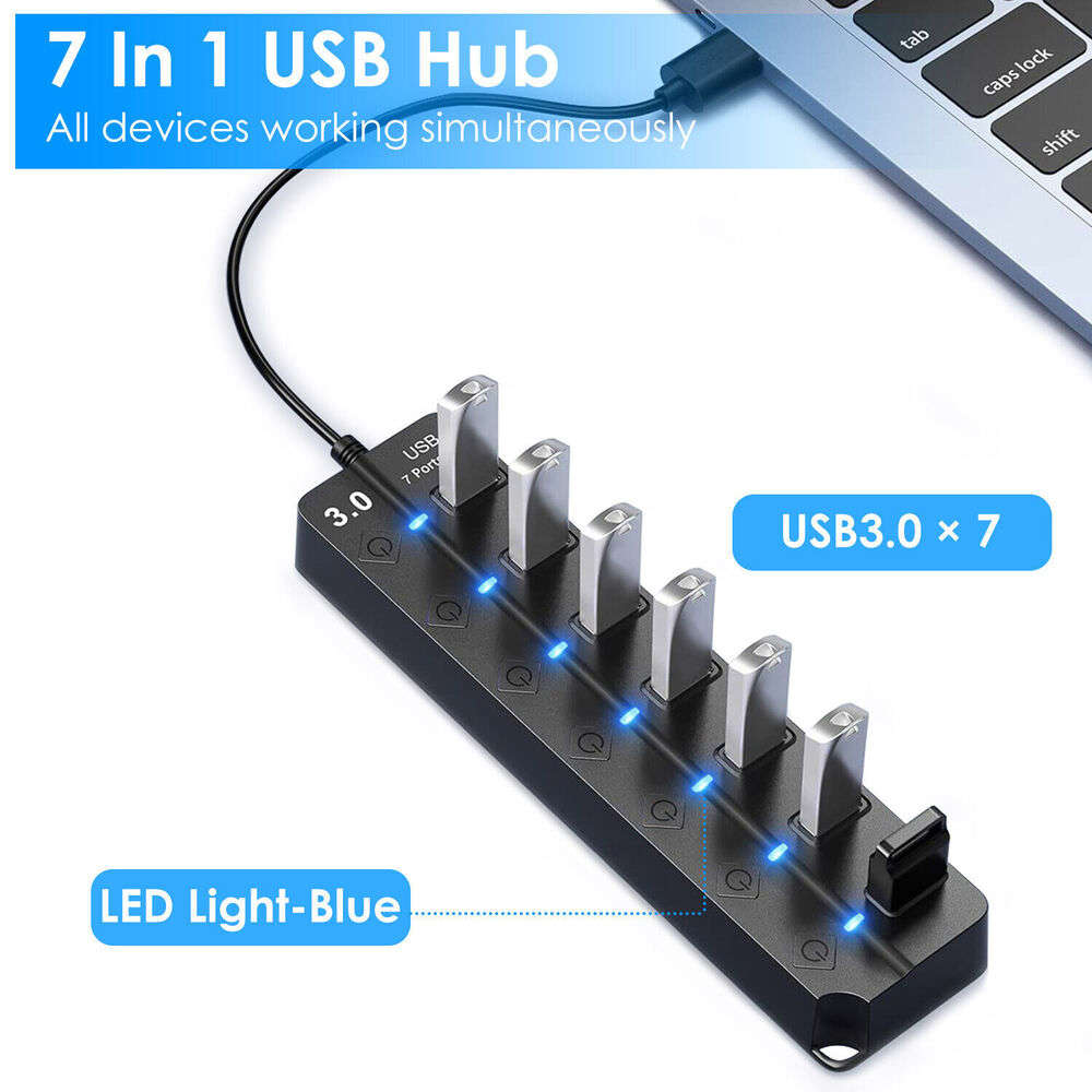 7-Port USB 3.0 Hub Splitter Adapter - Ultra-Fast Data Transfer and Charging Station
