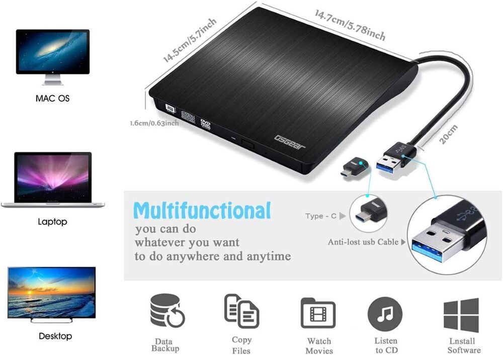 Ultra Slim USB 3.0 External CD/DVD RW Drive, Black