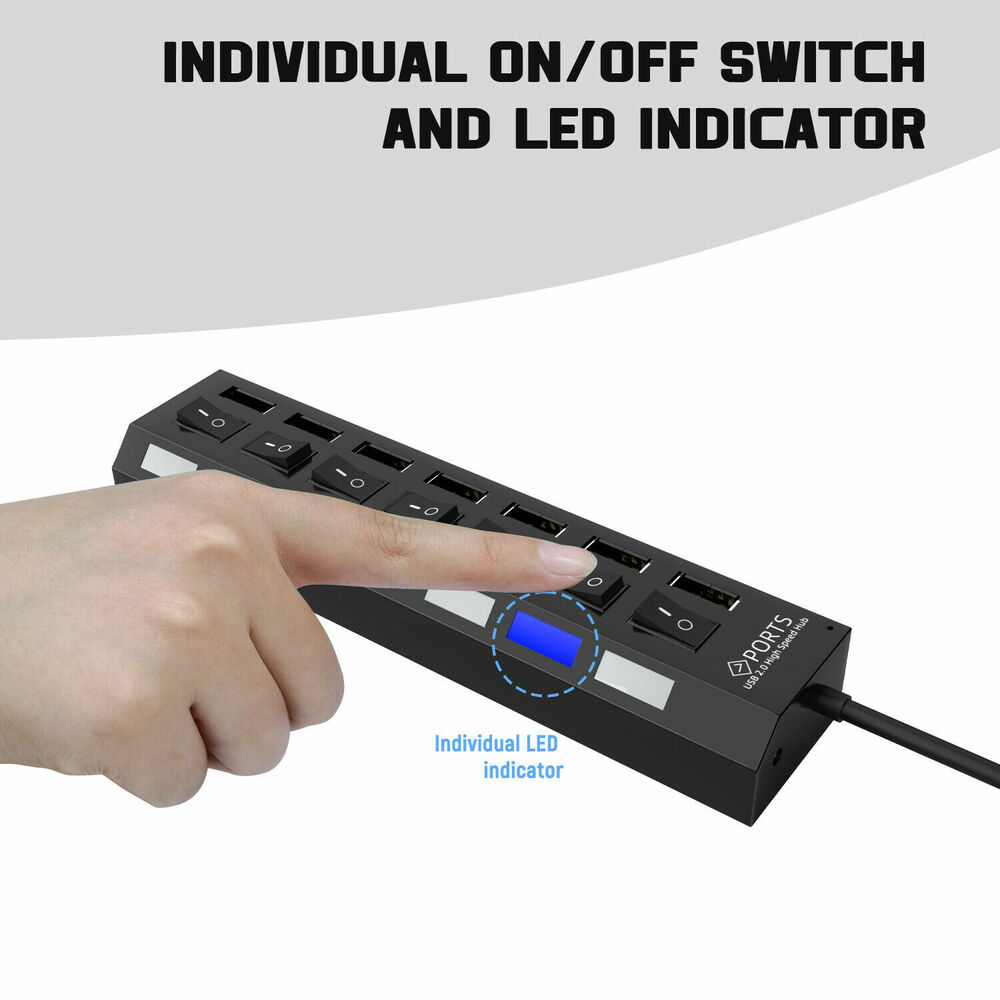 7-Port USB 2.0 LED Hub - High-Speed Data Transfer and Splitter