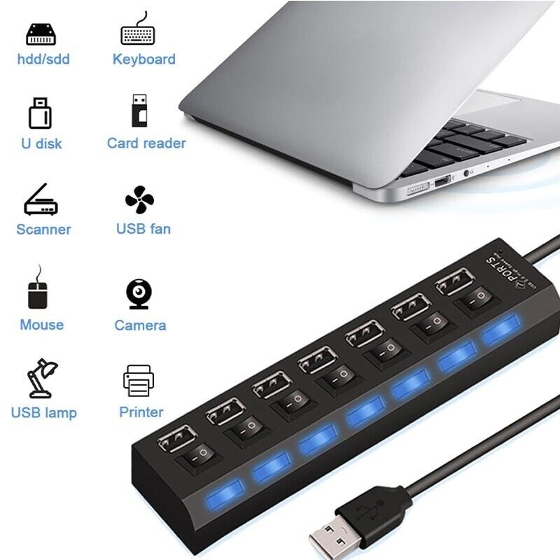 7-Port USB 2.0/3.0 Hub Splitter Adapter for Enhanced Connectivity
