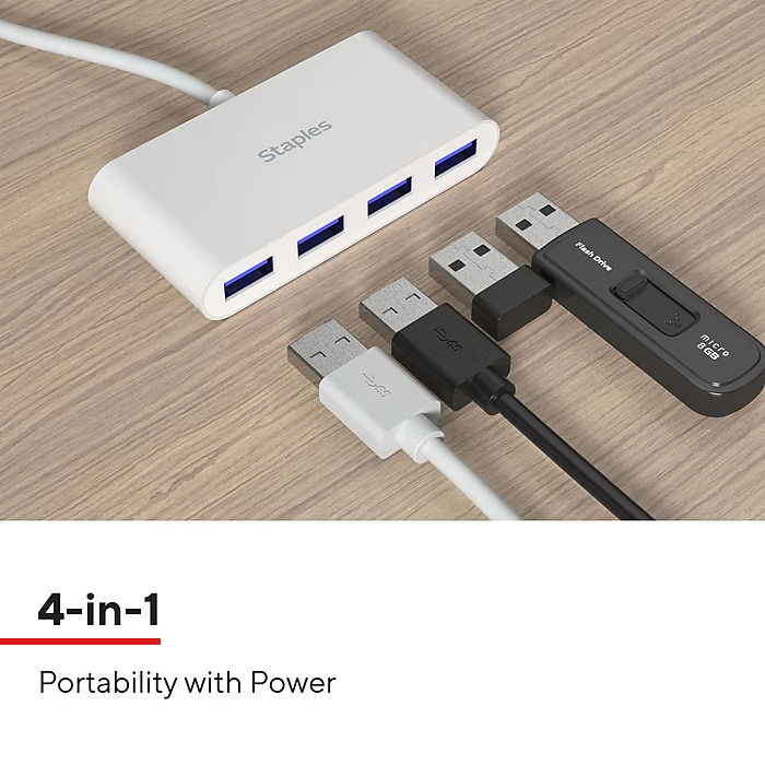 Staples TECH 4-Port USB 2.0 Hub - White, Compact & Portable