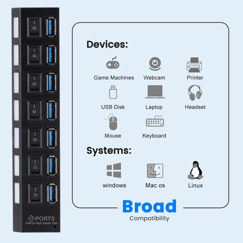 7-Port USB 2.0/3.0 Hub Splitter Adapter for Enhanced Connectivity