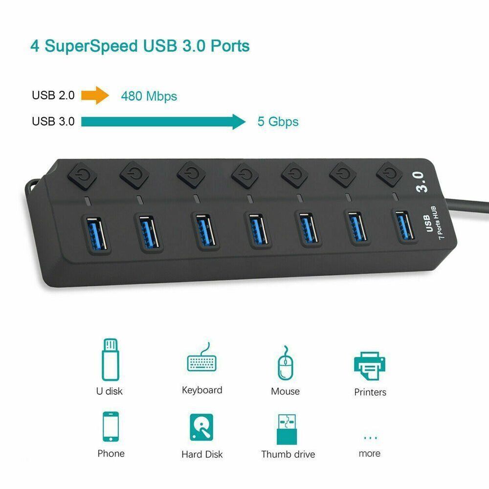 7-Port USB 3.0 Hub Splitter Adapter - Ultra-Fast Data Transfer and Charging Station