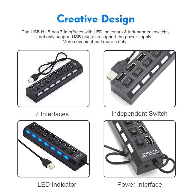 7-Port USB 2.0/3.0 Hub Splitter Adapter for Enhanced Connectivity
