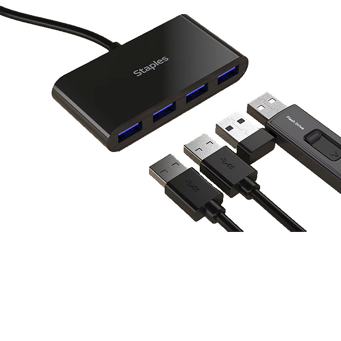 Staples TECH 4-Port USB 2.0 Hub - Compact, Portable, and Sleek Black (Open Box, Never Used)