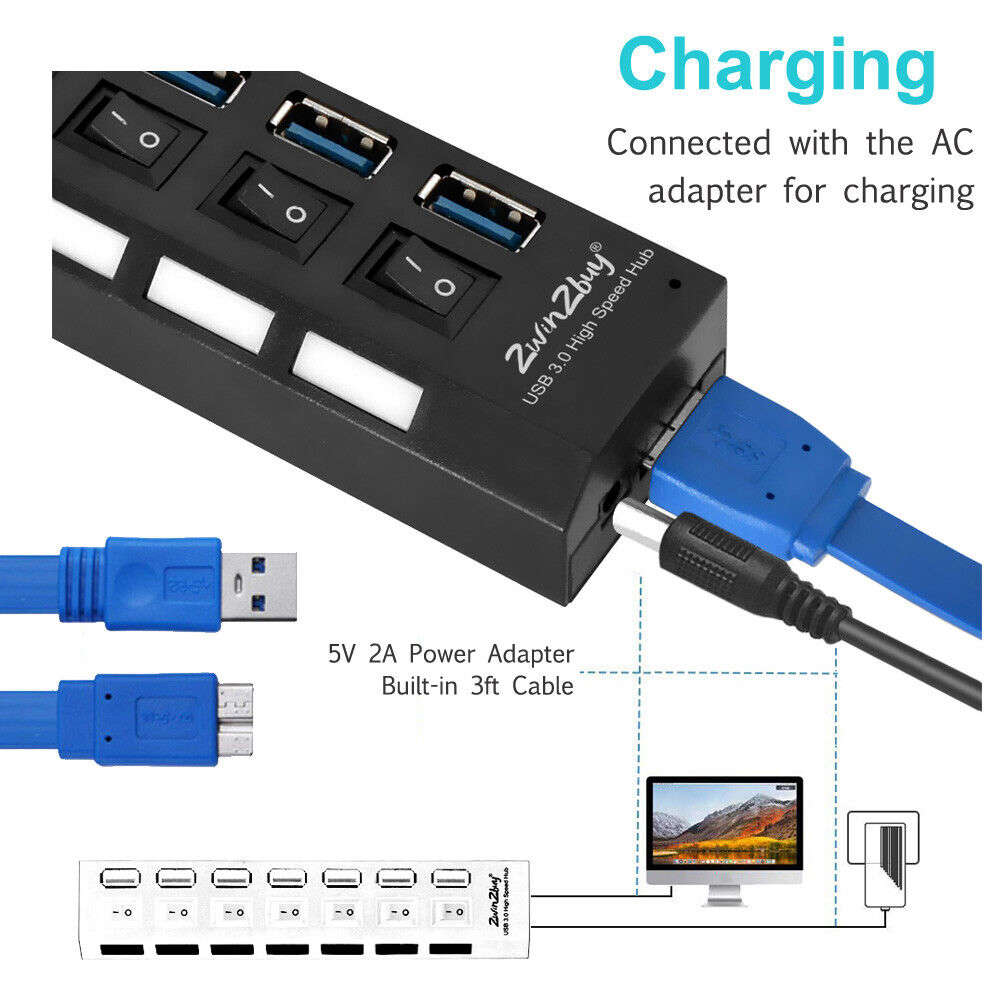 7-Port USB 3.0 Powered Hub with AC Adapter and ON/OFF Switch