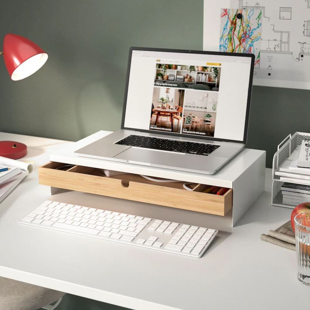 Ikea ELLOVEN Monitor Stand with Storage Drawer - White