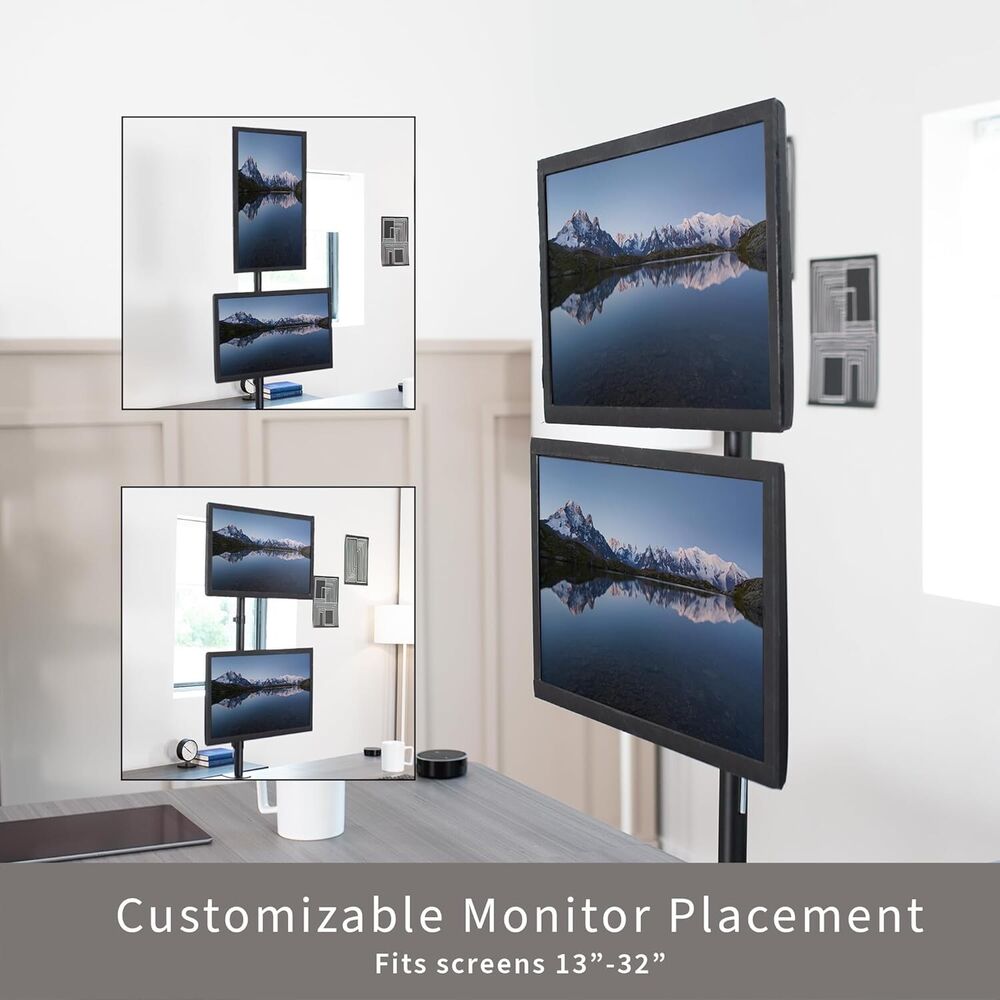 Black Dual LCD Monitor Desk Mount Stand - Vertical Stacking for Enhanced Workspace Efficiency