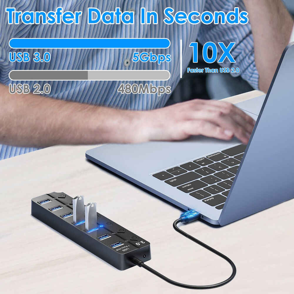 7-Port USB 3.0 Hub Splitter Adapter - Ultra-Fast Data Transfer and Charging Station