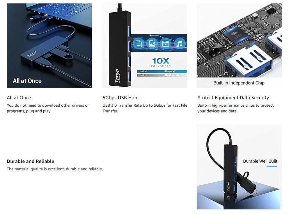 4-Port USB 3.0 Hub with USB-C Adapter for Enhanced Connectivity
