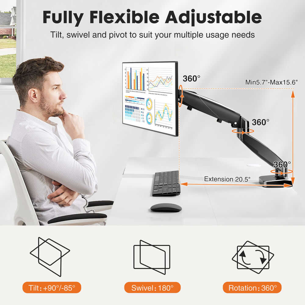Ergonomic Gas Spring Single Monitor Stand with VESA Mount