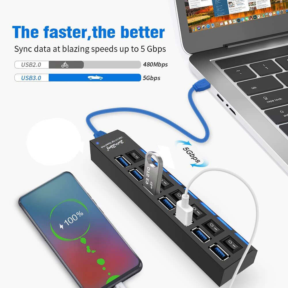 7-Port USB 3.0 Hub with Individual Switches and AC Power