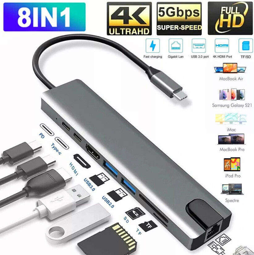 8-in-1 USB-C Hub Adapter with 4K HDMI, Ethernet, and USB Ports