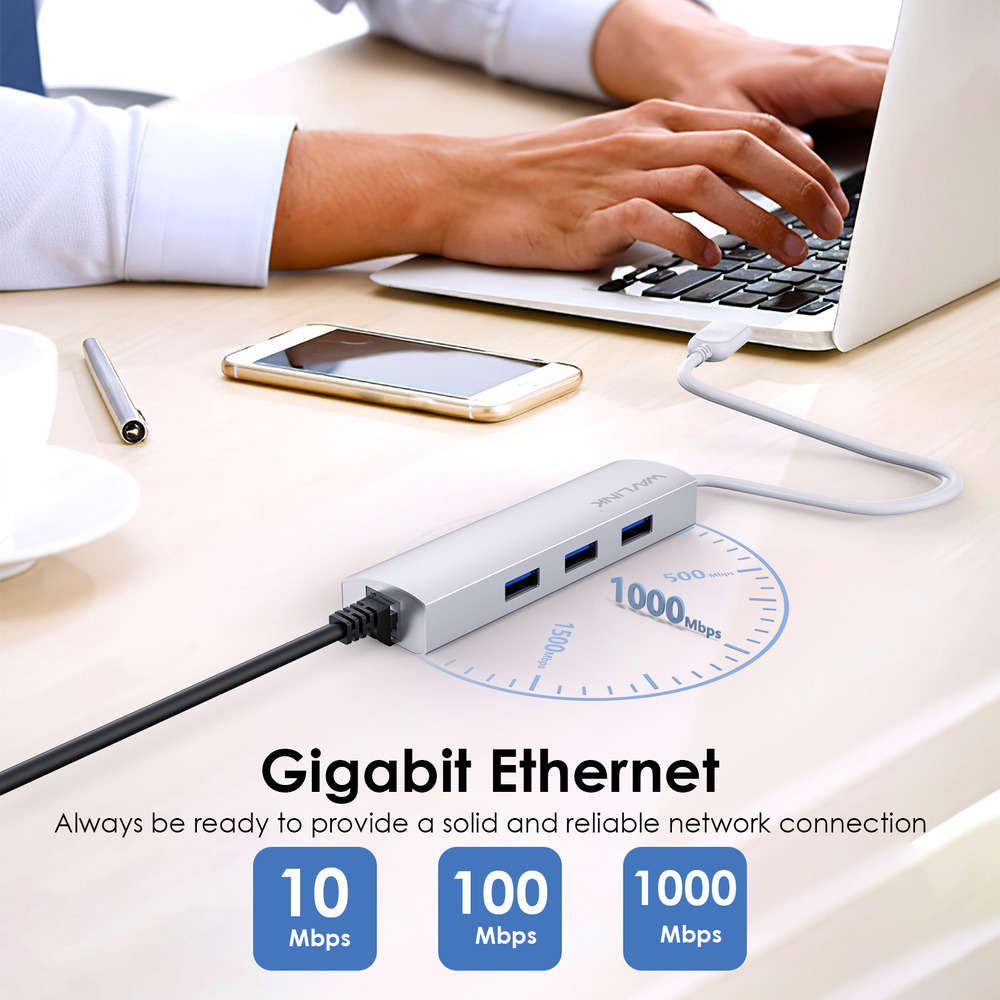 Ultra-Fast USB 3.0 Gigabit Ethernet Adapter with 3-Port Hub