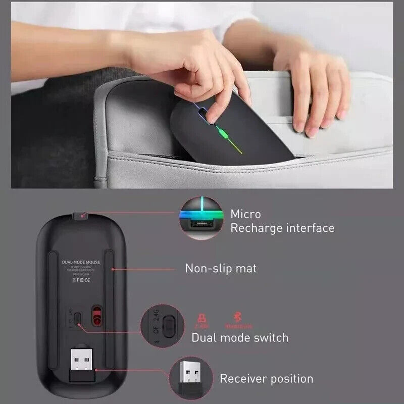 2.4GHz Bluetooth Wireless Optical Mouse with Rechargeable Battery and RGB Lighting