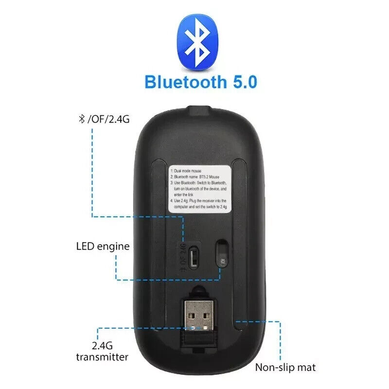 2.4GHz Bluetooth Wireless Optical Mouse with Rechargeable Battery and RGB Lighting