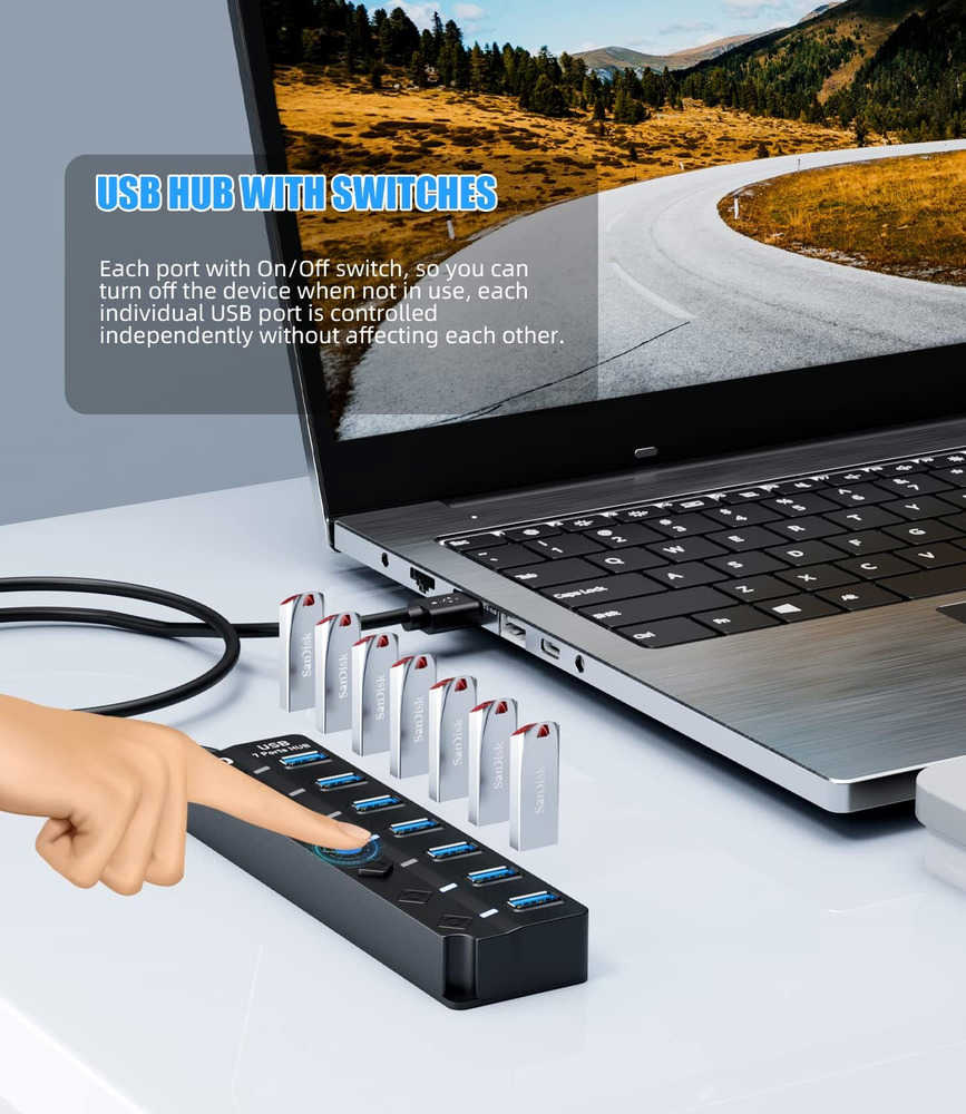 7-Port USB 3.0 Data Hub Splitter with 3ft Cable