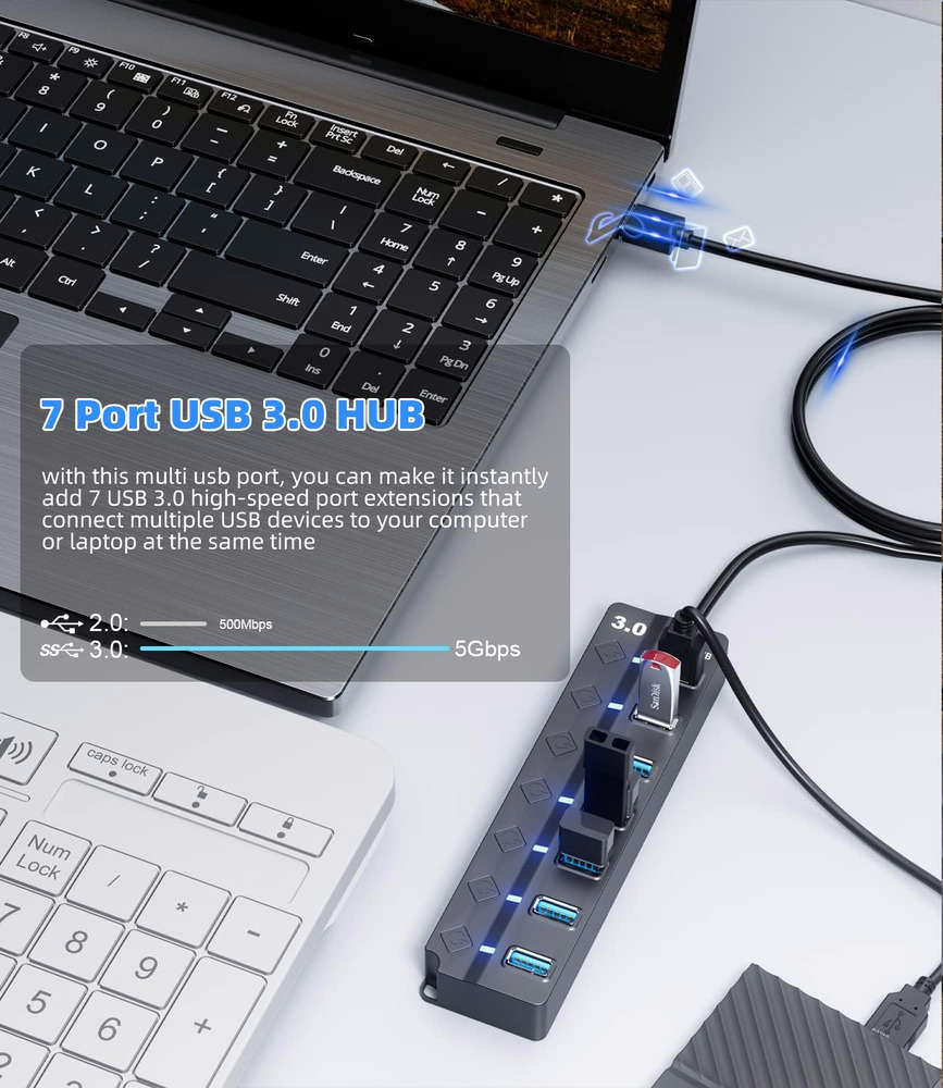 7-Port USB 3.0 Data Hub Splitter with 3ft Cable