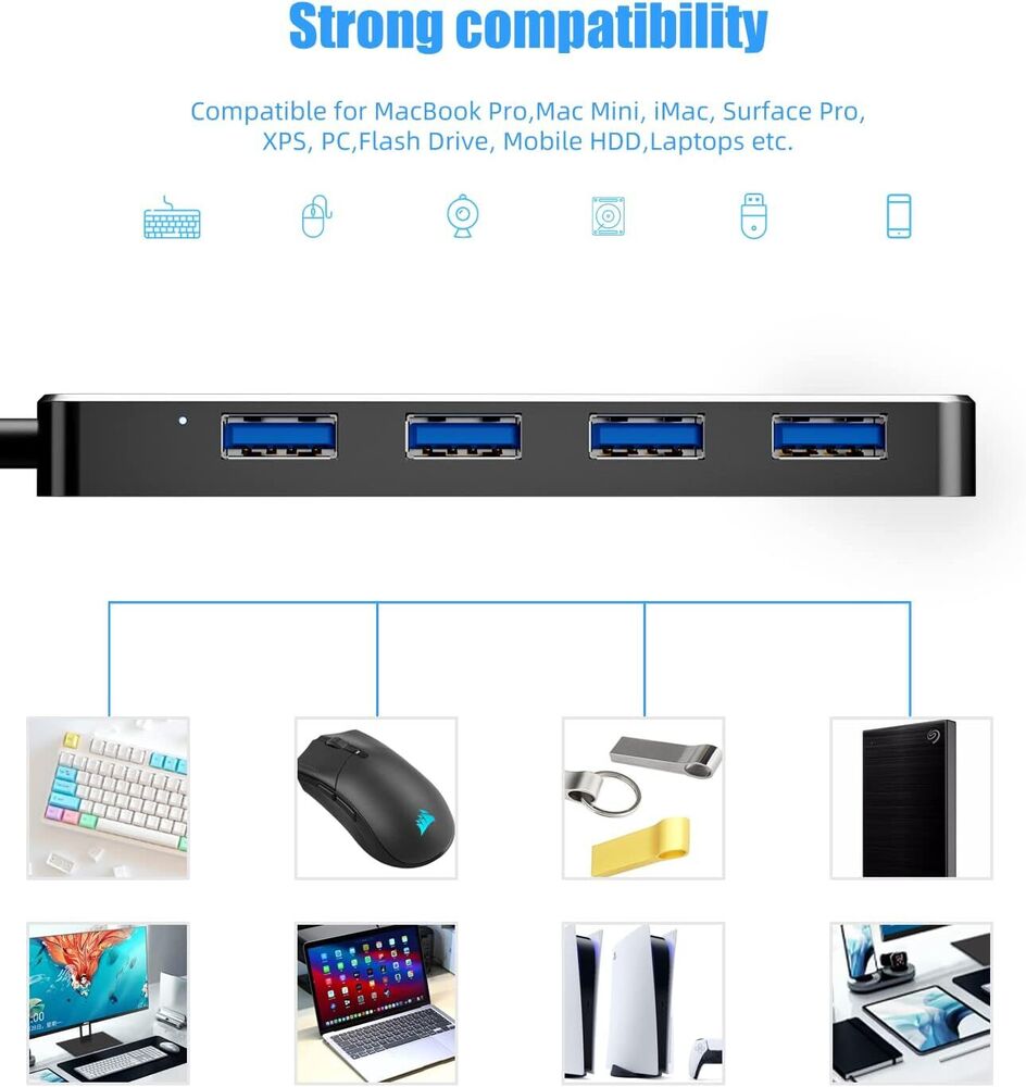 4 Port USB 3.0 Hub Splitter - Boost Data Transfer for Multiple Devices