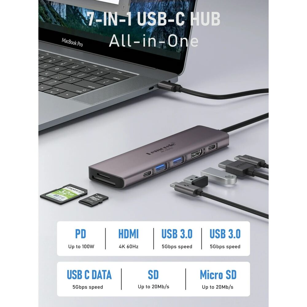 7-in-1 USB-C Hub with HDMI, USB 3.0, and 100W PD for Enhanced MacBook Connectivity