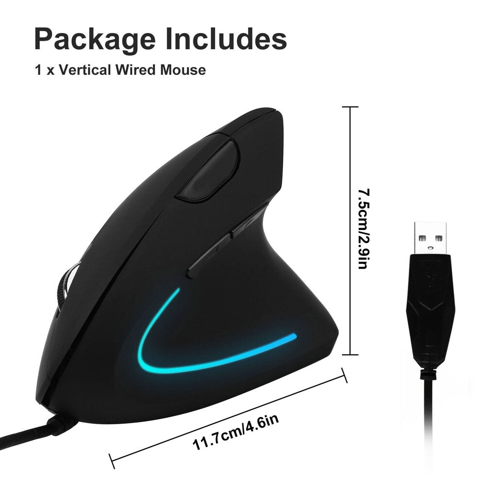 Ergonomic Vertical Optical Mouse with LED - 2400 DPI Wired USB for PC and Laptop