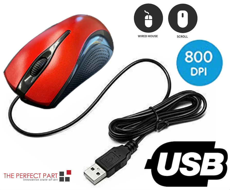 Red USB 2.0 Optical Wired Mouse with Scroll Wheel