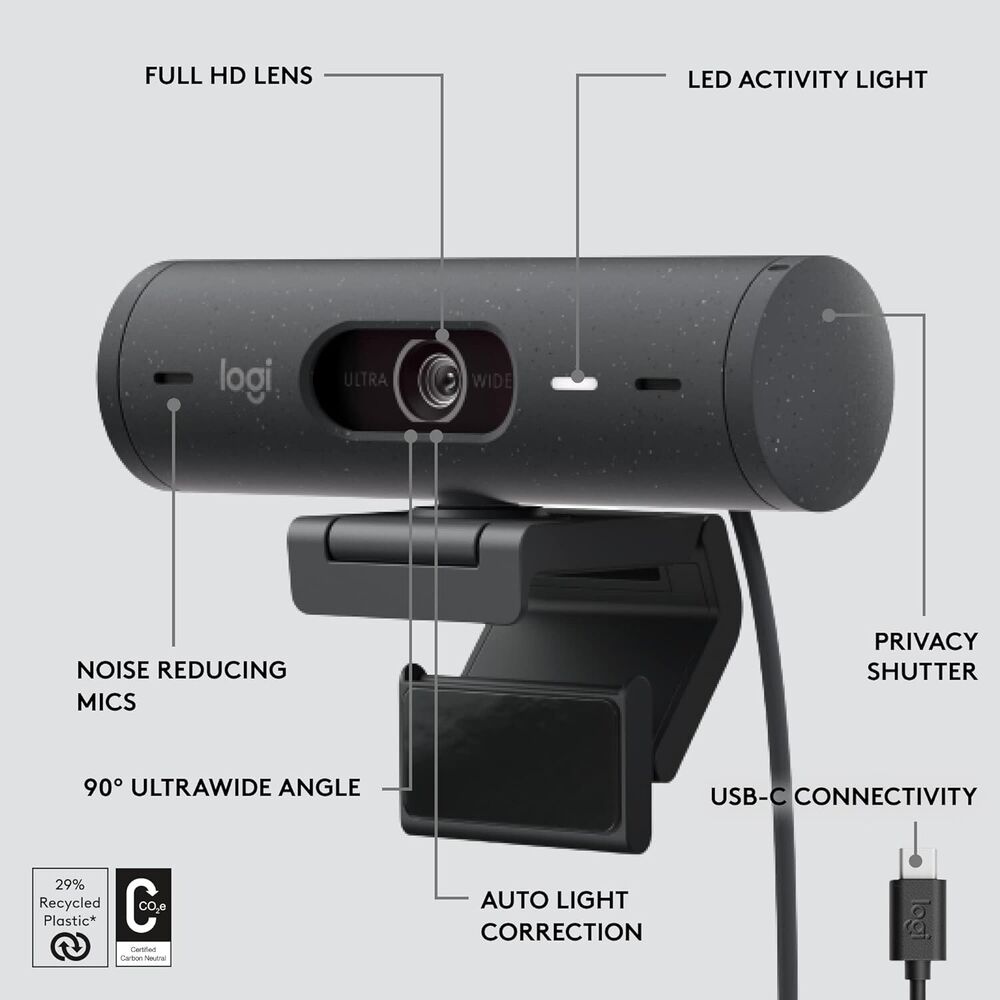 Logitech Brio 500 Full HD Webcam with HDR and Privacy Cover - Graphite