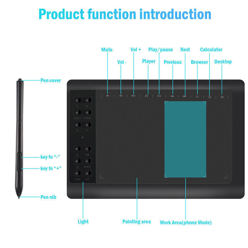 10x6 inch Professional Digital Drawing Tablet with Battery-free Pen