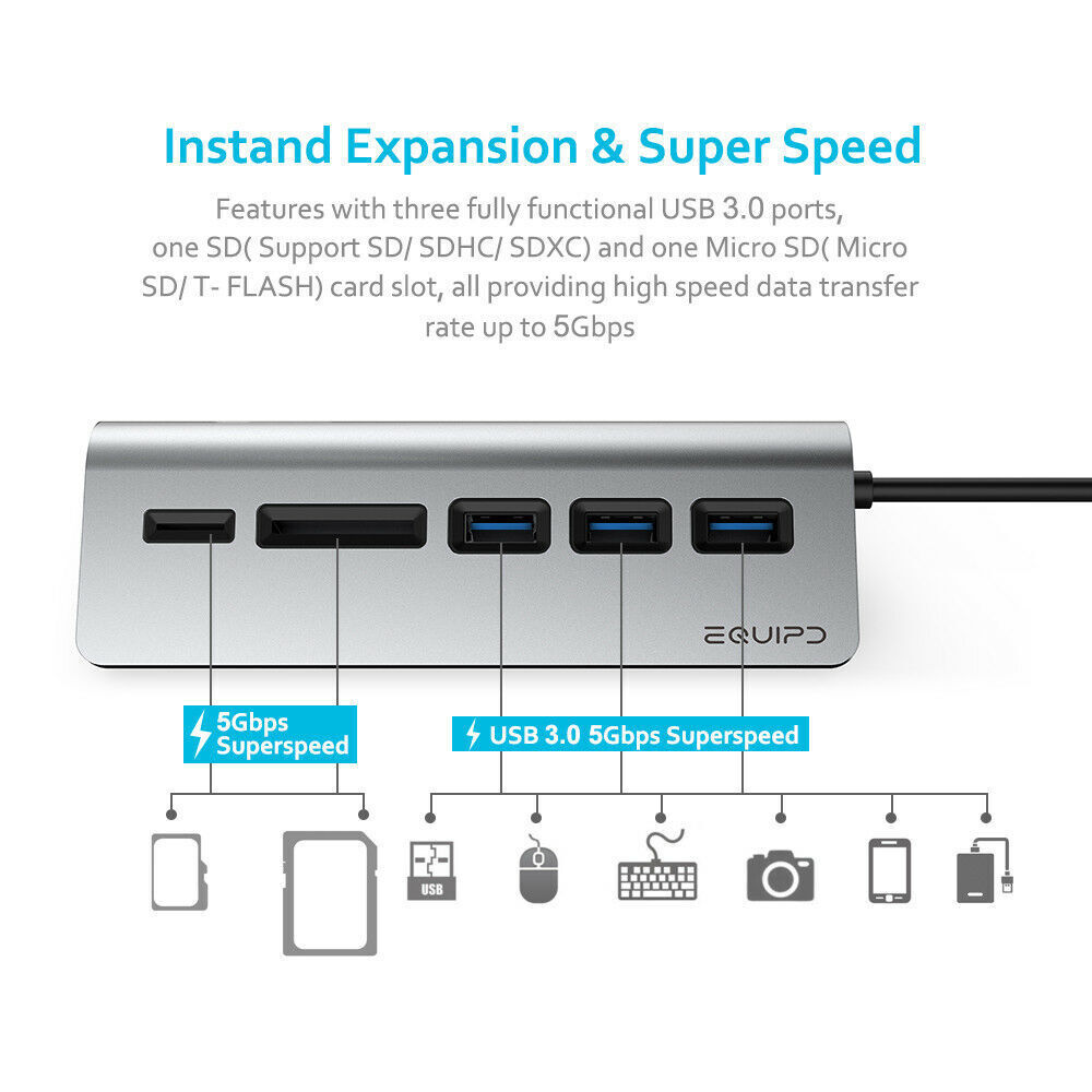 Aluminum USB-C Hub Adapter with 3 USB 3.0 Ports and SD/TF Card Reader