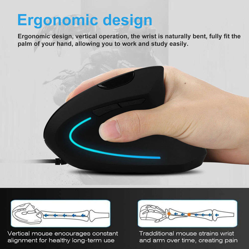 Ergonomic Vertical Optical Mouse with LED - 2400 DPI Wired USB for PC and Laptop