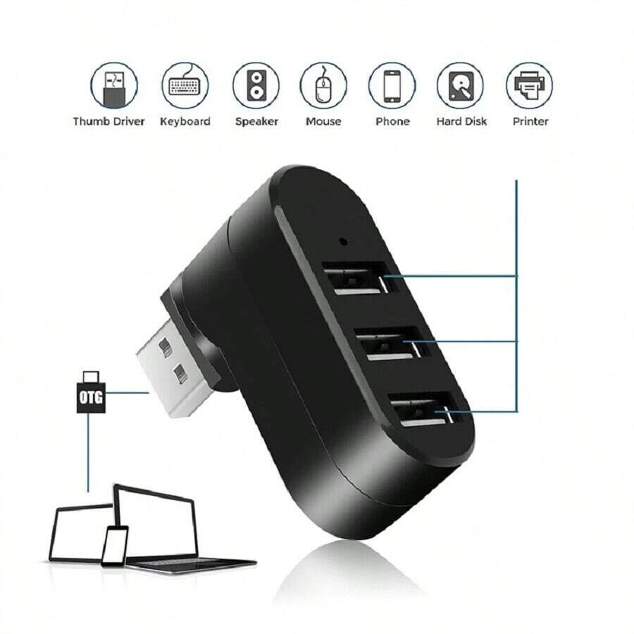Rotatable USB 2.0 Hub Splitter - 3-Port Multi-Function for Enhanced Connectivity